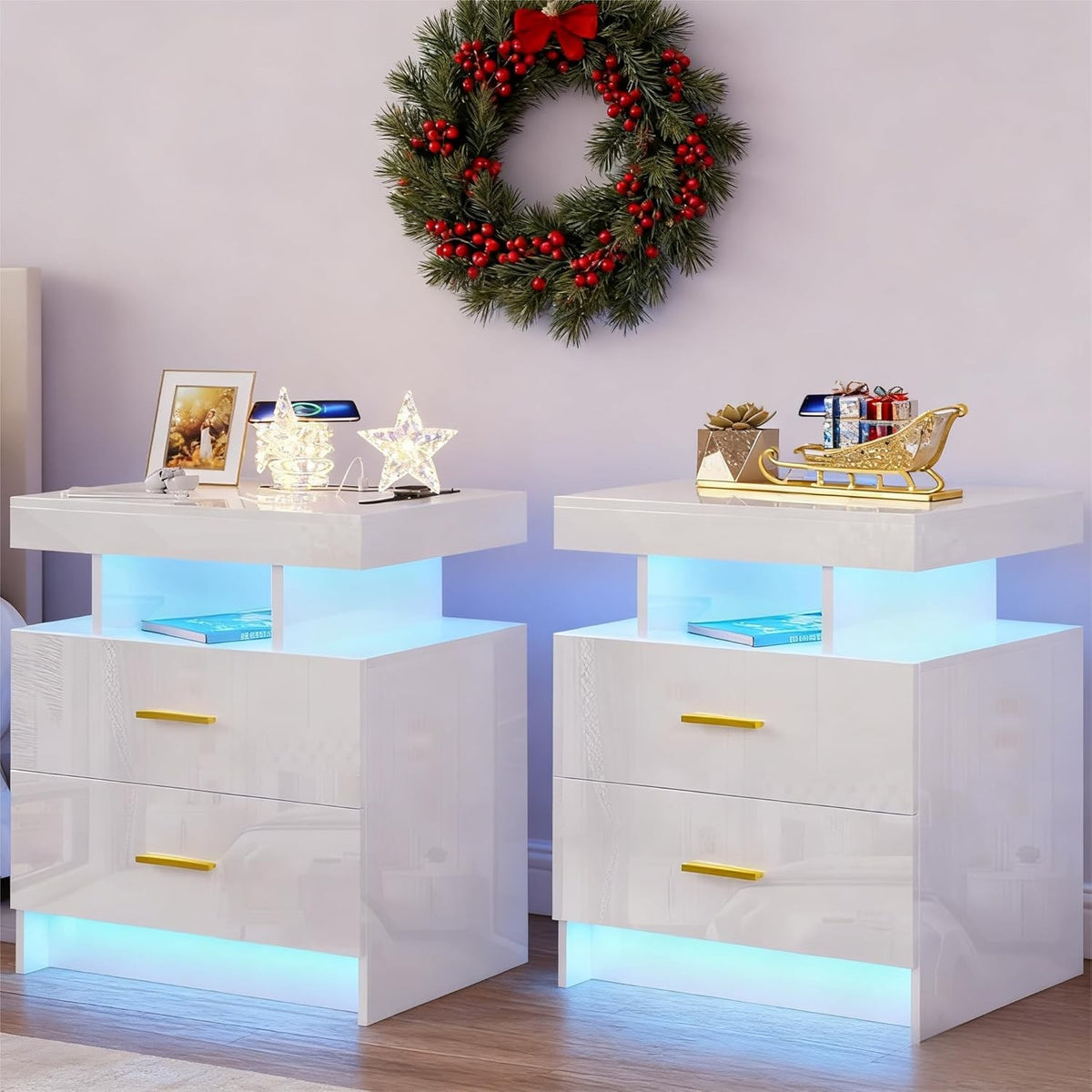 Set of 2 White LED Bedside Tables with Wireless Charging, Glass Top & Drawers