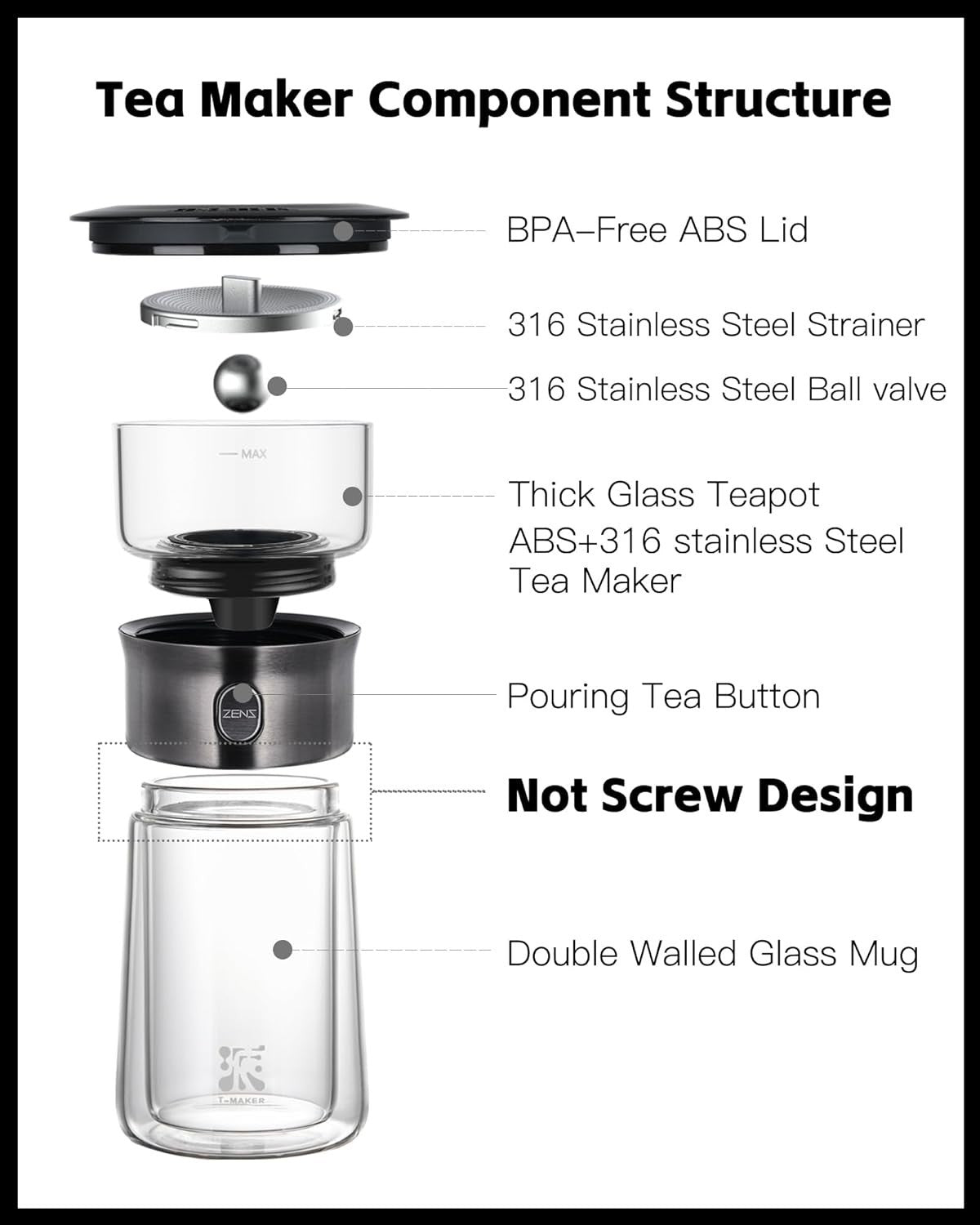 Loose Leaf Tea Maker 270ml One Touch Brewer Glass Infuser Cup Set