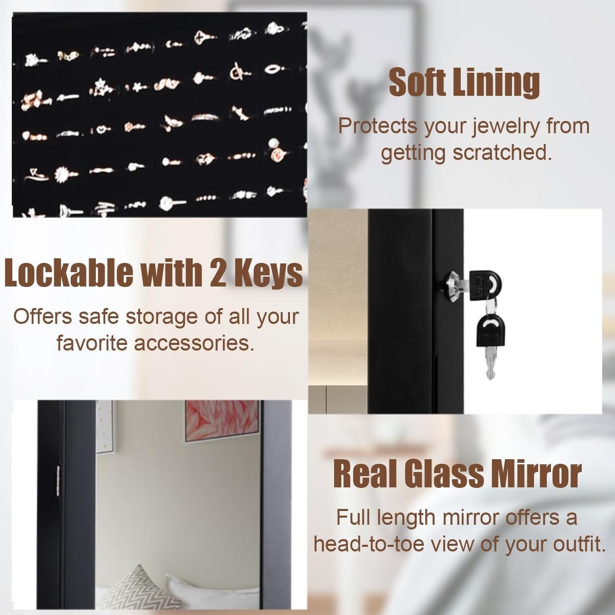 Black LED Jewellery Cabinet Wall Door Mounted Full Length Mirror Lockable