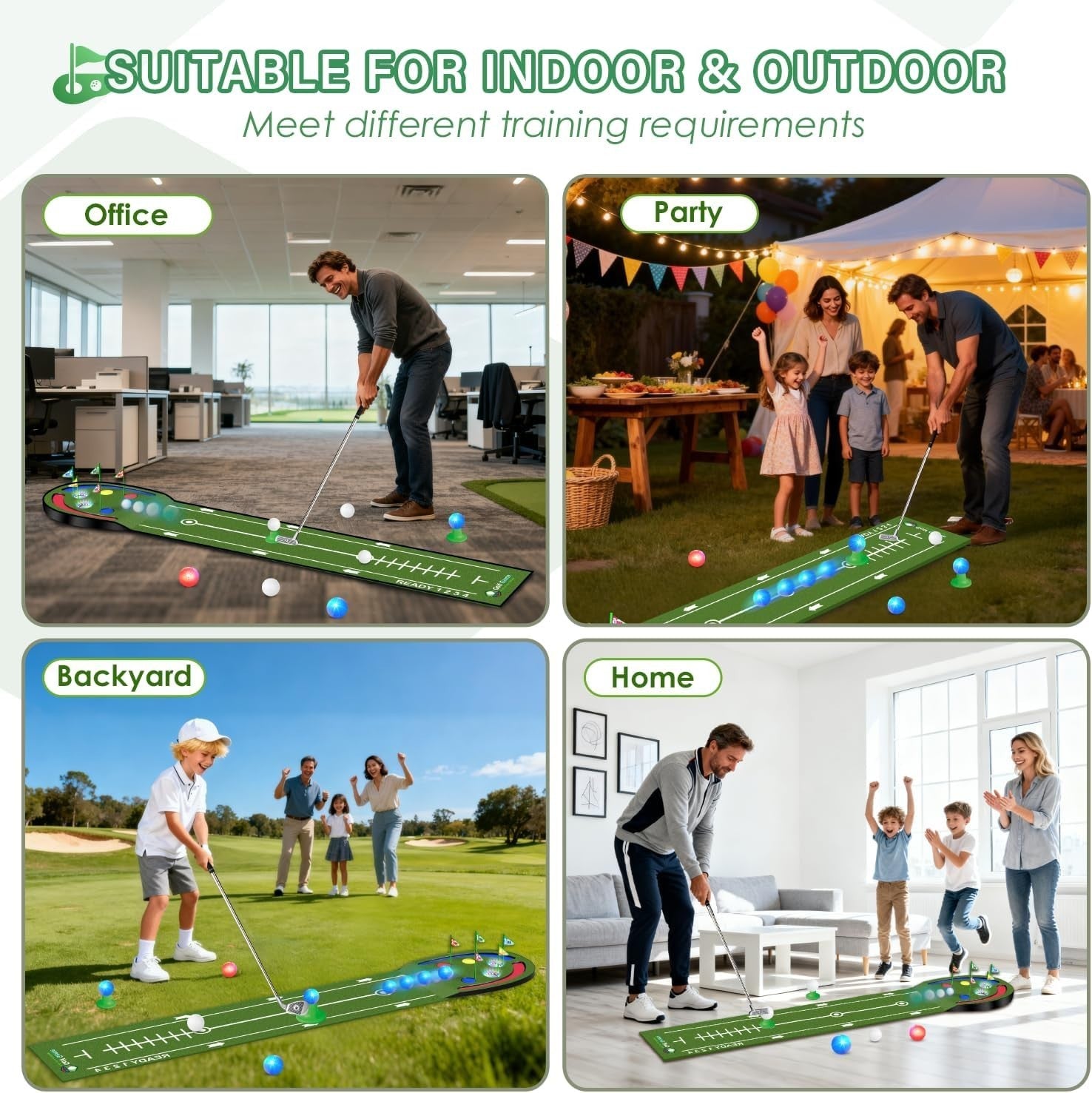 Indoor Golf Putting Mat Game Set LED Balls Glow Cups Kids Adults