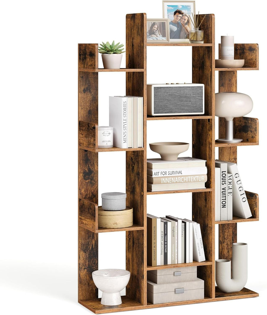 Tree-Shaped 13-Shelf Rustic Brown Bookcase Tall Display Unit for Modern Homes