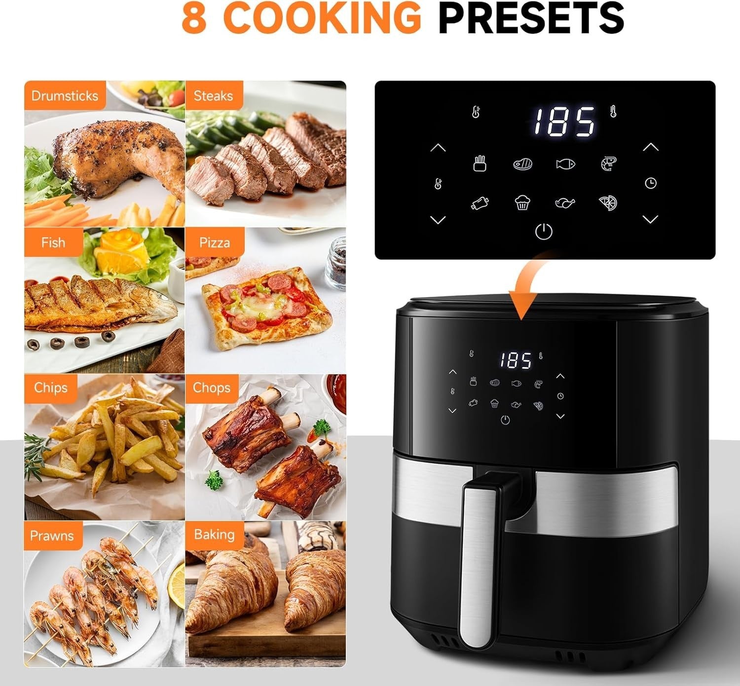 8L Digital Air Fryer | Touchscreen | 8 Presets | Non-Stick | 60-Min Timer 1500W