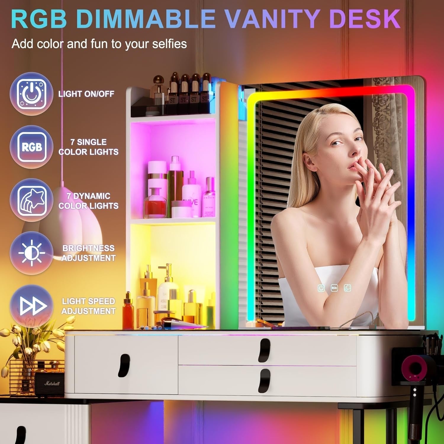 White Vanity Dressing Table LED Mirror Glass Top 5 Drawers Charging Station & St