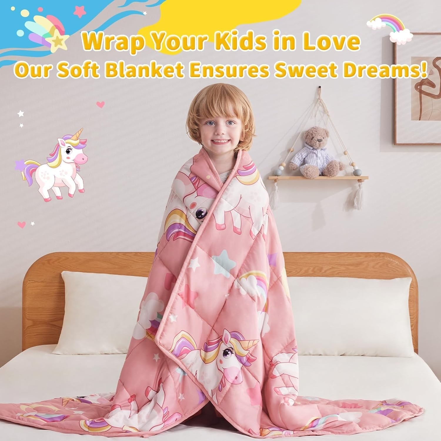 Kids Weighted Blanket 36"x48", 3lbs Pink Unicorn Breathable Glass Beads