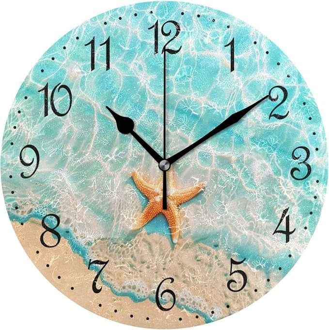 Beach Starfish Wall Clock 25cm Silent Non-Ticking Ocean Coastal Home Decor