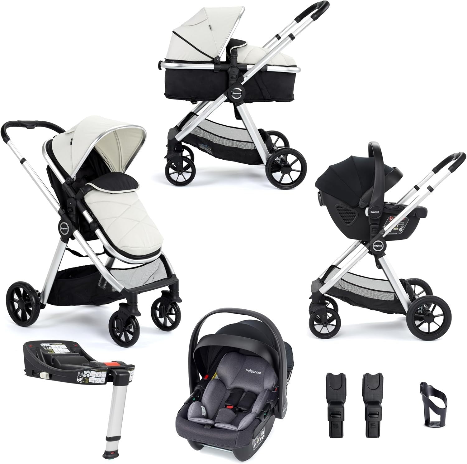 Silver 3 in 1 Baby Travel System Pram Pushchair i-Size Car Seat