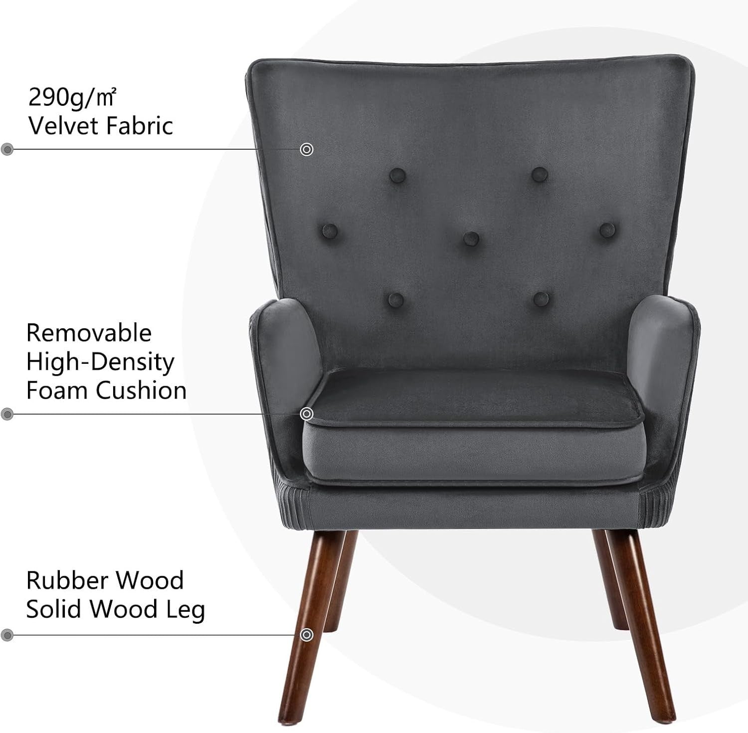 Velvet Wingback Armchair Grey Tufted Accent Chair High Back Reading