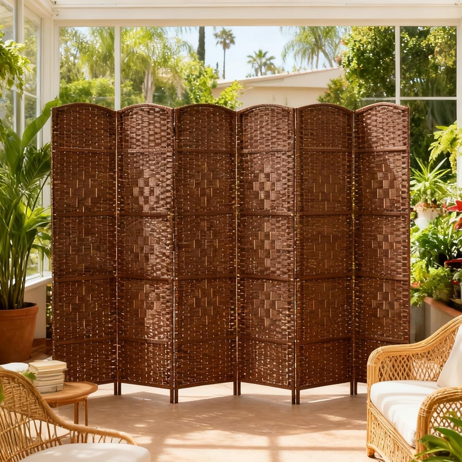 Brown 6 Panel Wicker Folding Room Divider Handwoven Privacy Screen 170cm