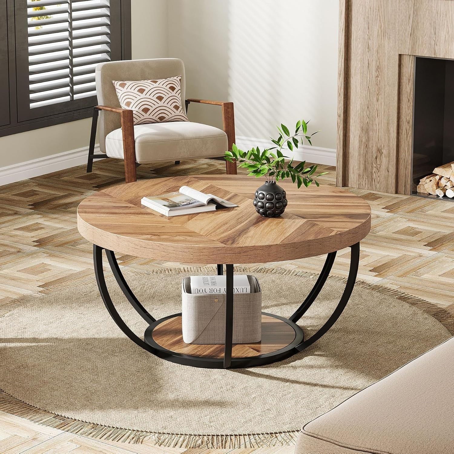 Round 2-Tier Coffee Table with Storage Shelves, Wooden Grain, 80x45cm