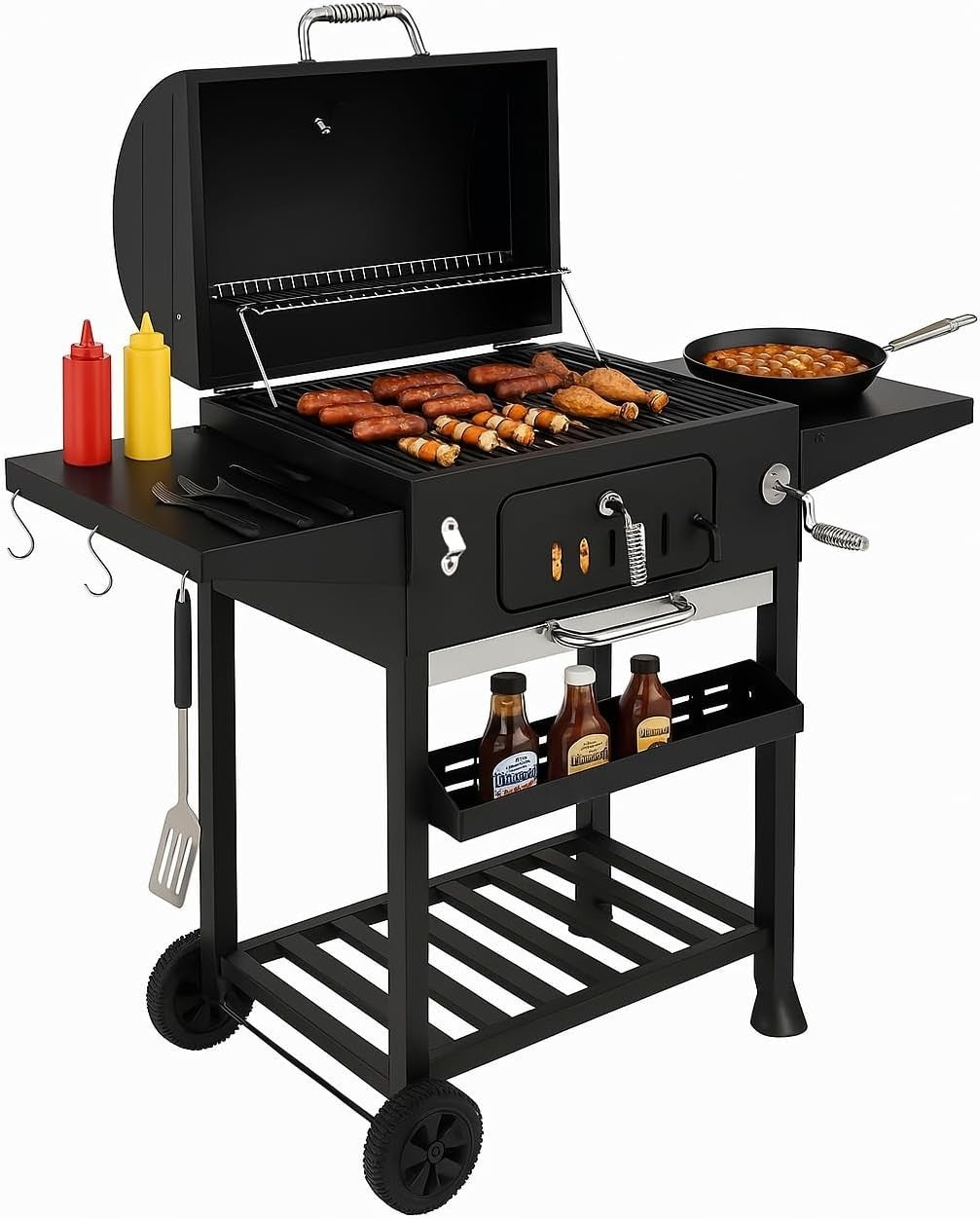 XL Charcoal BBQ Smoker Grill with Warming Rack & Storage Shelf