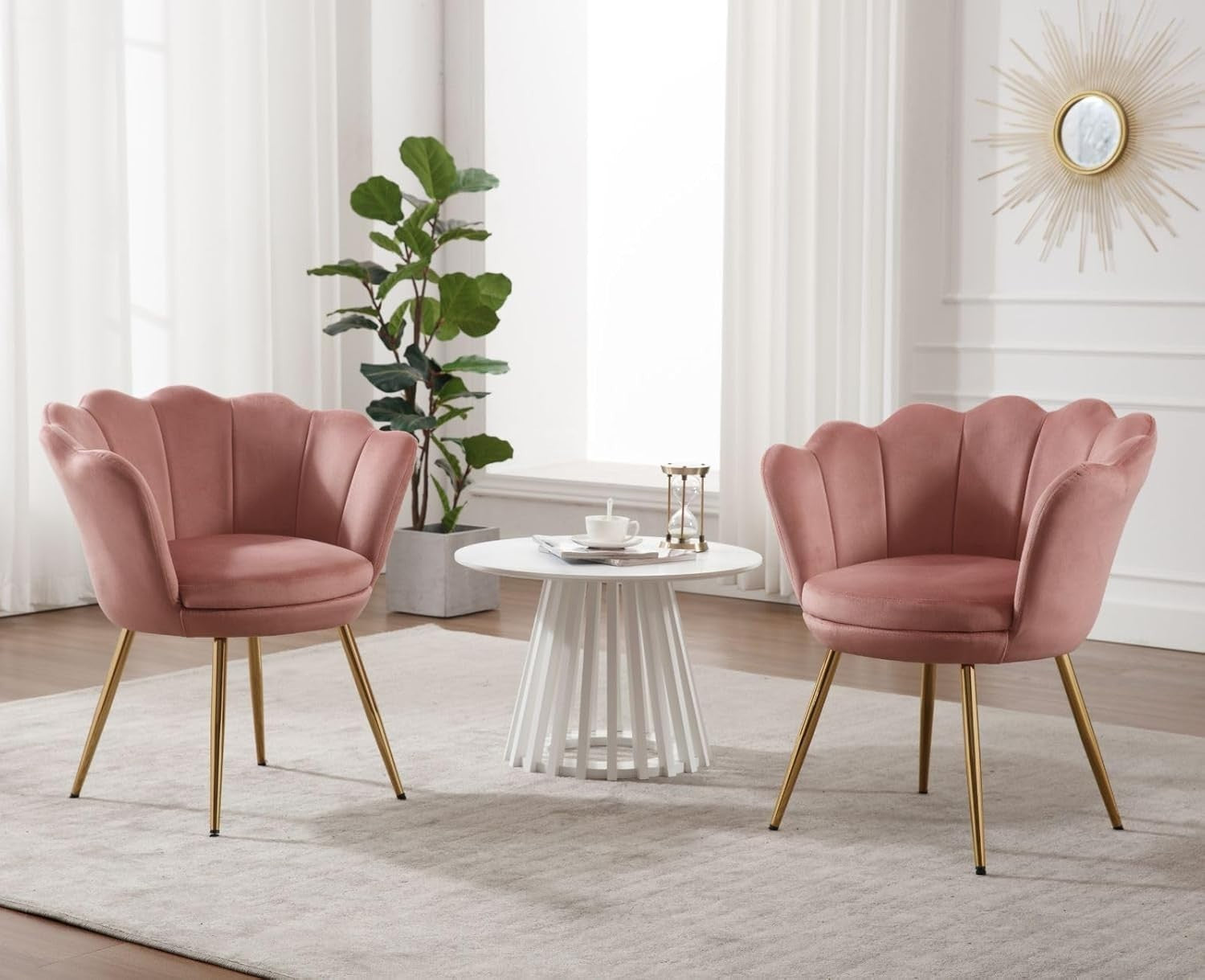 Pink Velvet Lounge Chair Gold Legs | Petal Back Armchair for Bedroom