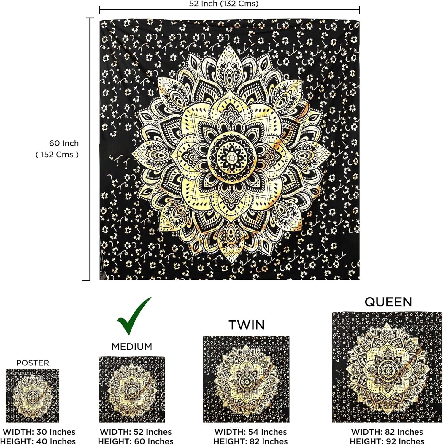 Black Gold Mandala Tapestry 52x60in Boho Wall Hanging Cotton