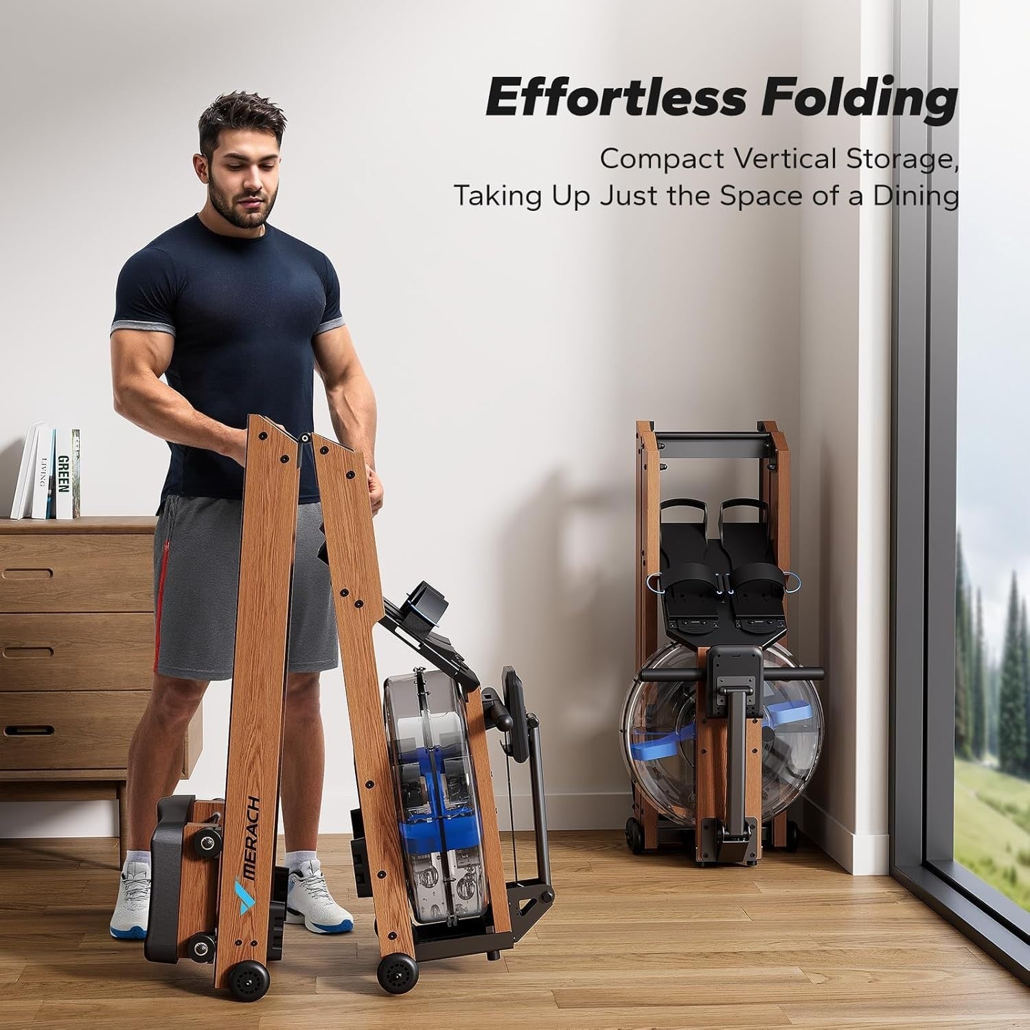 Foldable Wood Water Rowing Machine 180KG Capacity Quiet Rower App Compatible