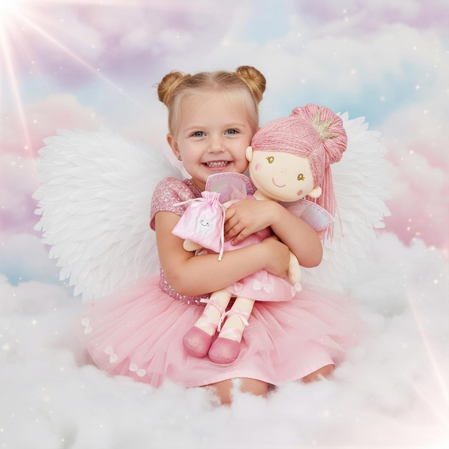 Tooth Fairy Doll 40cm Plush Soft Toy Pink Wings Tooth Pouch Gift