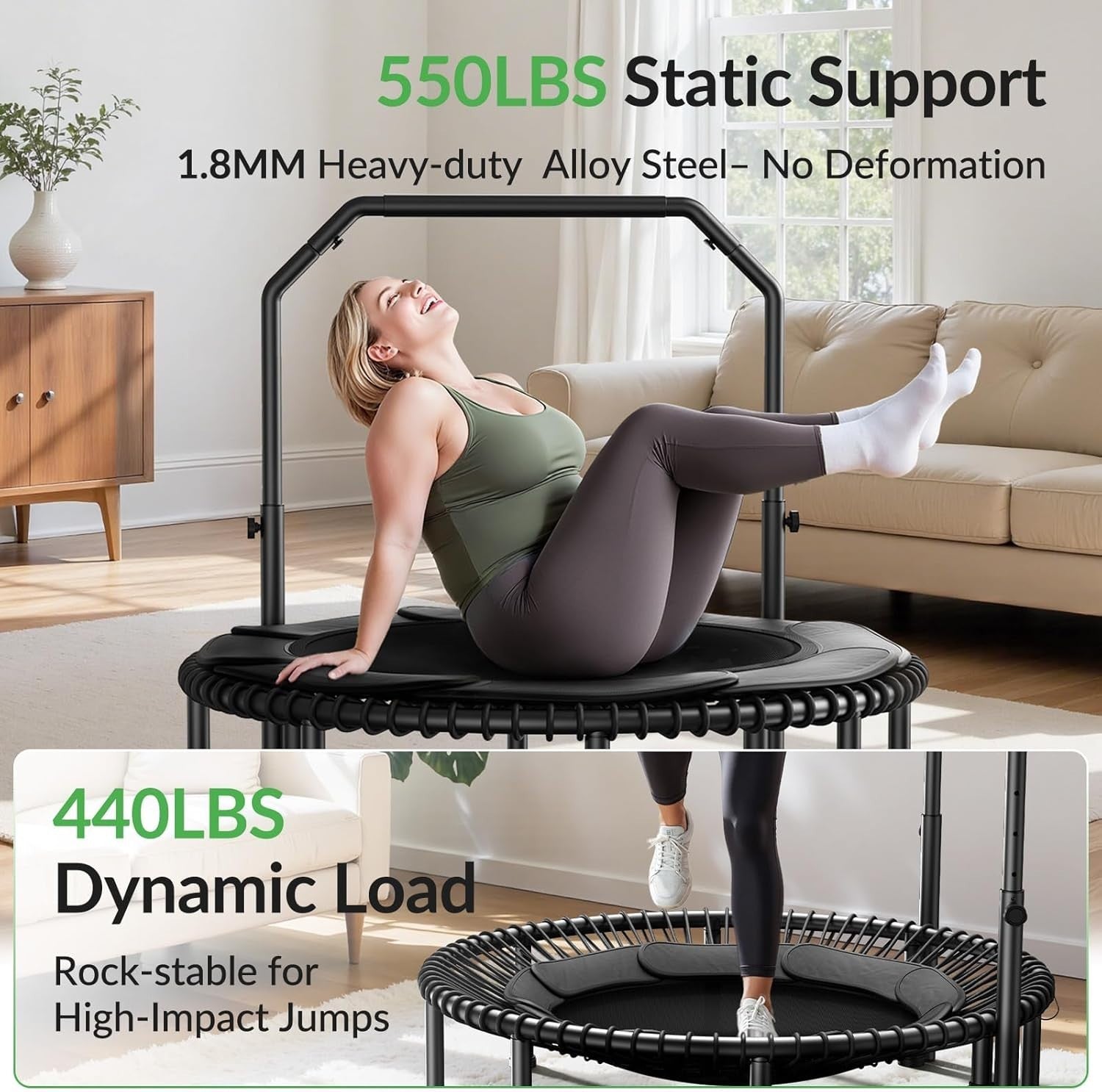 48in Fitness Rebounder Trampoline Adjustable Handle 550lb Silent Bungee