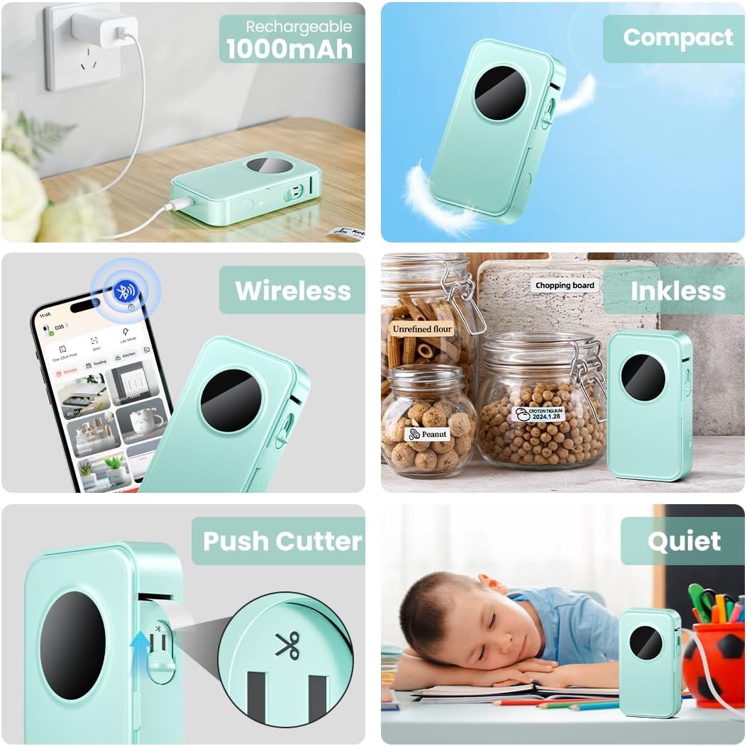 Mini Bluetooth Label Maker Portable Thermal Printer Cyan Green