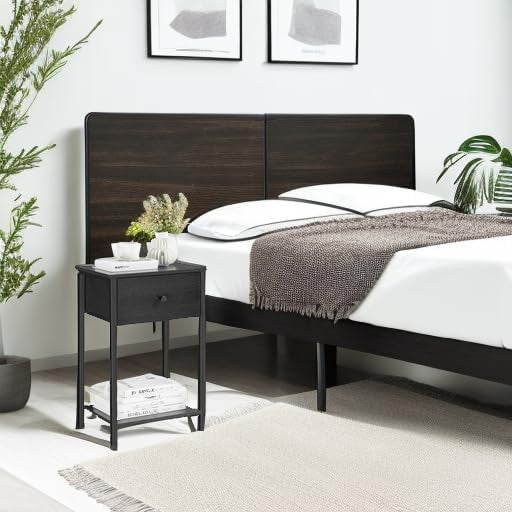 Tall Bedside Table with Drawer & Shelf, Modern 24-Inch Nightstand in Black