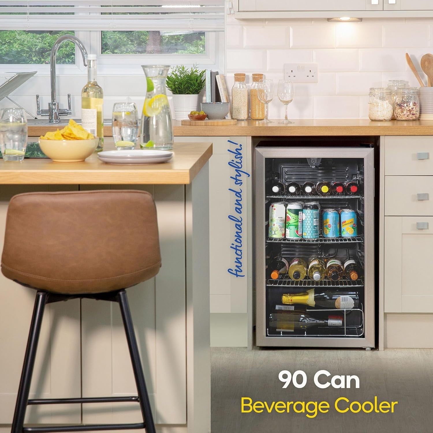 Under Counter Drinks Fridge Stainless Steel Glass Door LED Cooler 93L 48 Can