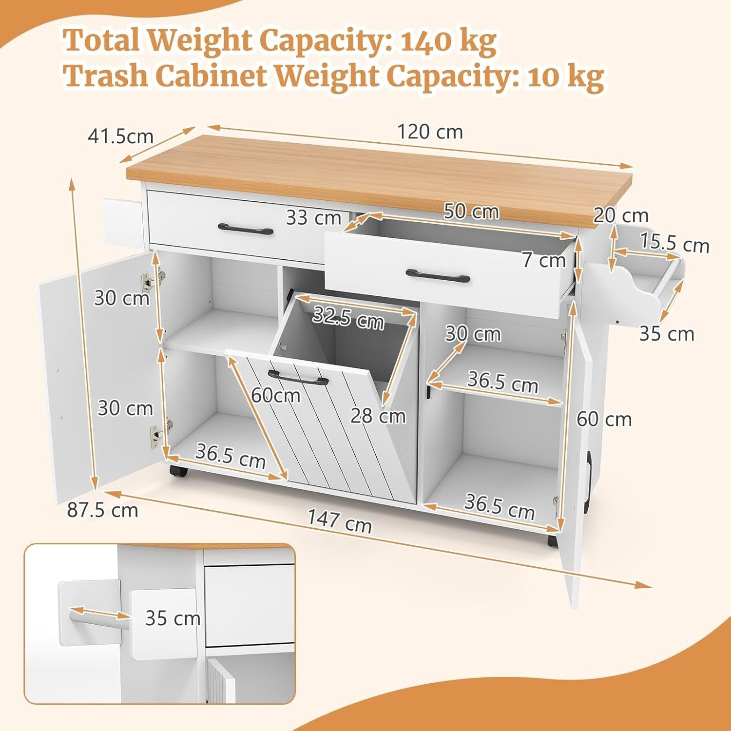 Mobile Kitchen Island Cart with Trash Storage, Adjustable Shelves.