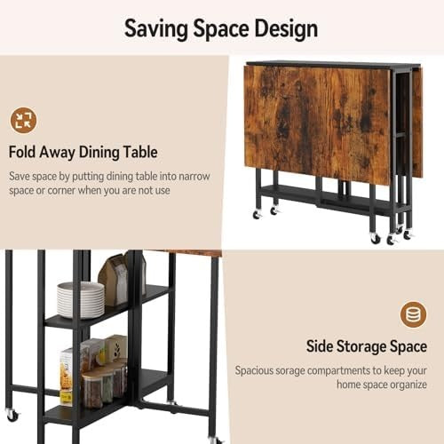 Brown + Black Folding Drop Leaf Dining Table with Shelves & Wheels