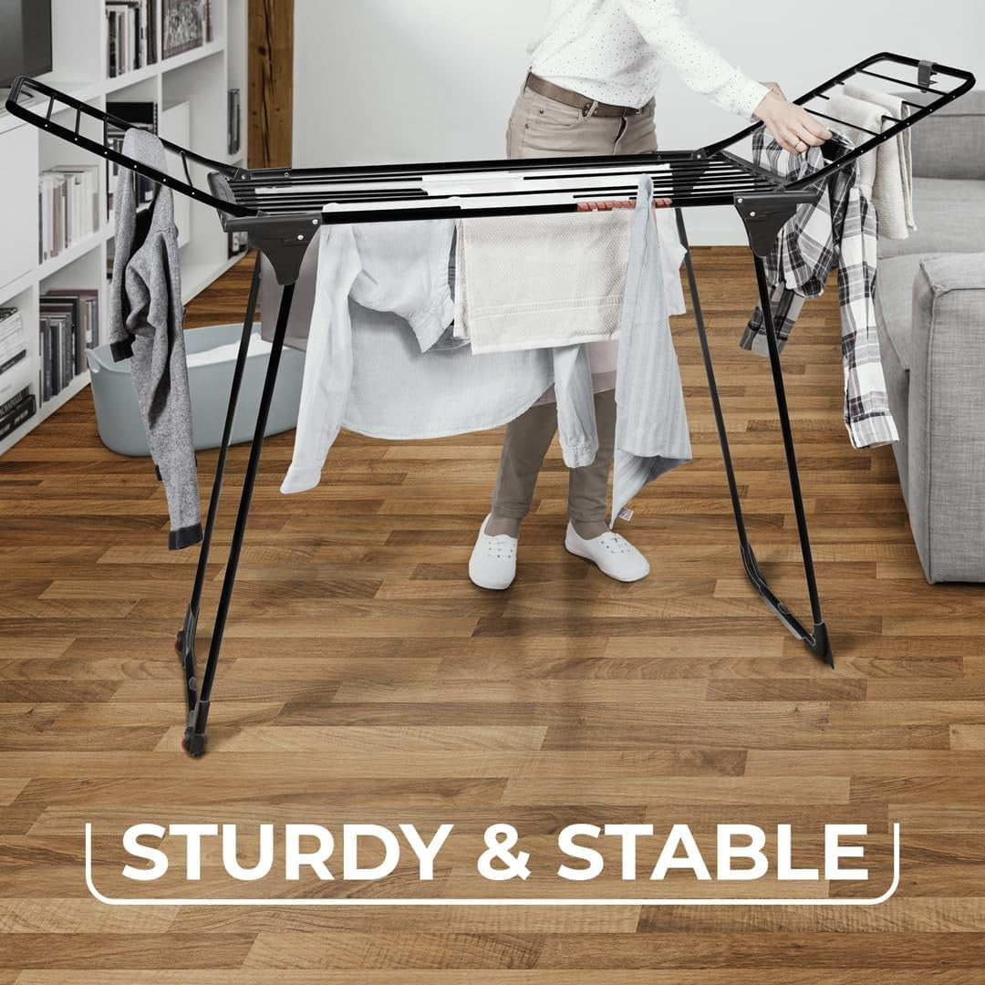 XXL Indoor Clothes Airer 20m Drying Rack with Wings Wheels Black