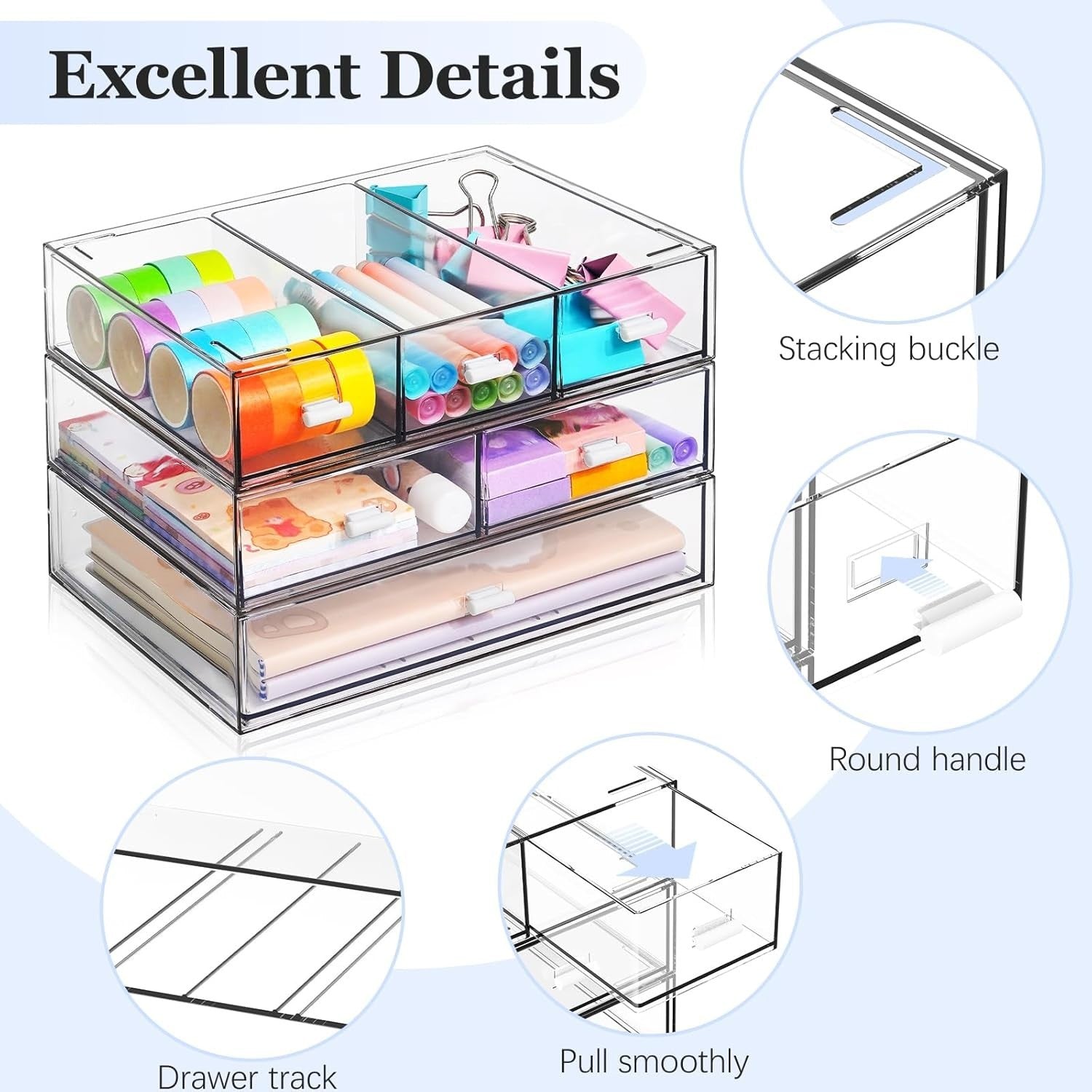3 Tier Clear Desk Organizer 6 Drawers Stackable Storage Box Office Home