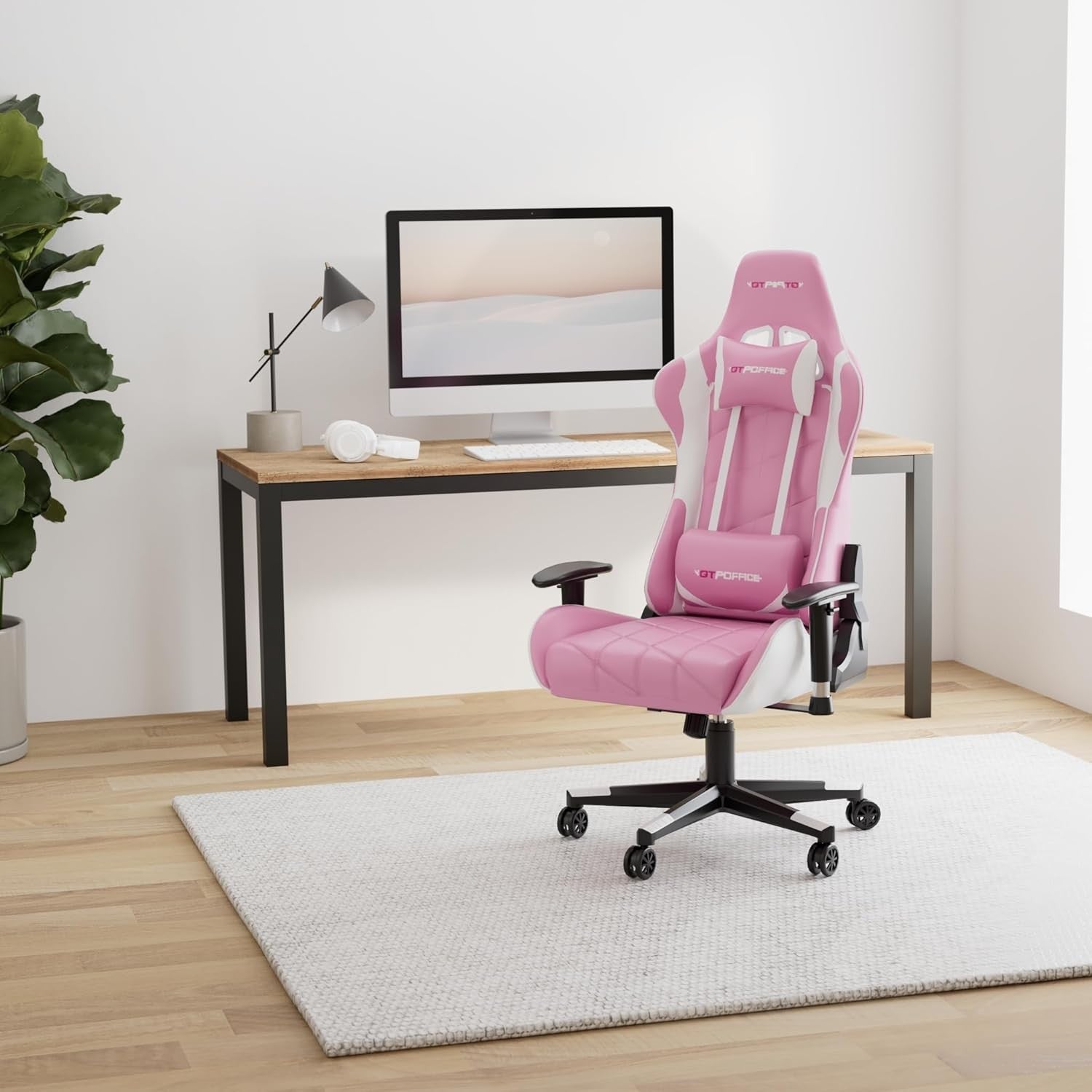 Reclining Gaming Chair Faux Leather Swivel High Back Pink