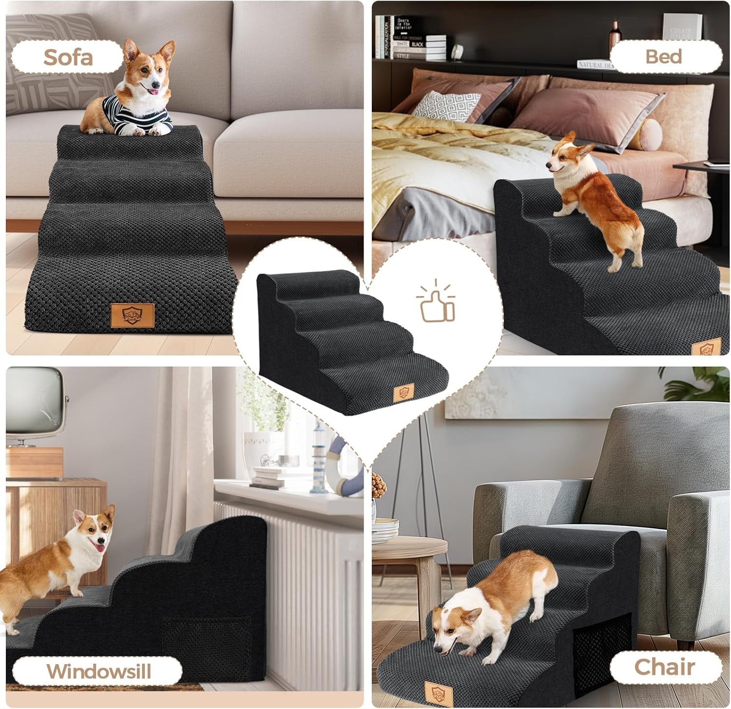 4 Step Dog Stairs Ramp for Bed Sofa Non Slip Washable Black 73x40x51cm