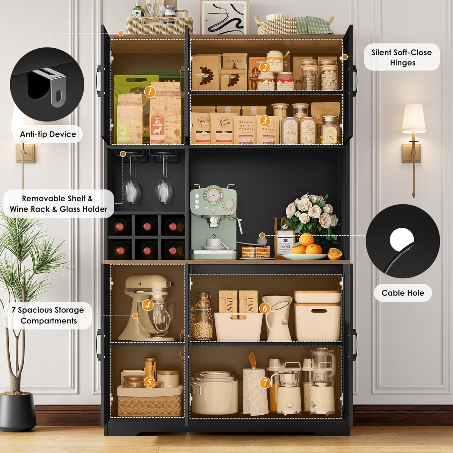 Tall Black Kitchen Cupboard with Wine Rack & Microwave Stand Storage Unit
