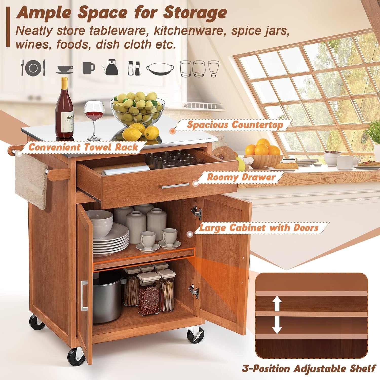 Kitchen Island Trolley Stainless Steel Top Drawer Cabinet Storage Cart Wheels