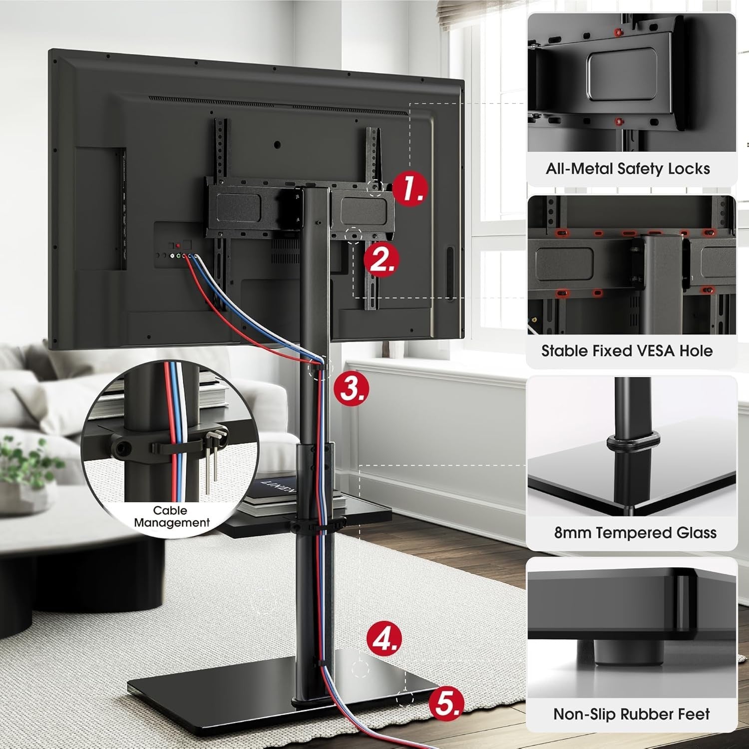TV Floor Stand 32–70” with Shelf, Tilt & Swivel, Height Adjustable, VESA