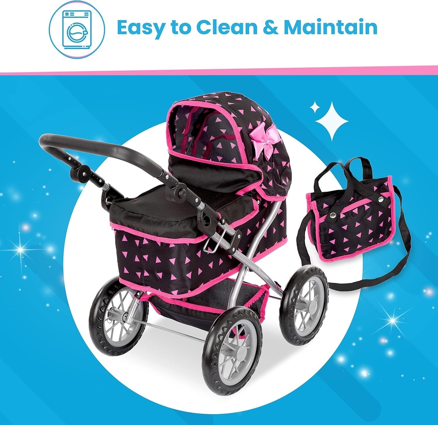 Dolls Pram Toy Pushchair Buggy Adjustable Handle 33-63cm for Kids