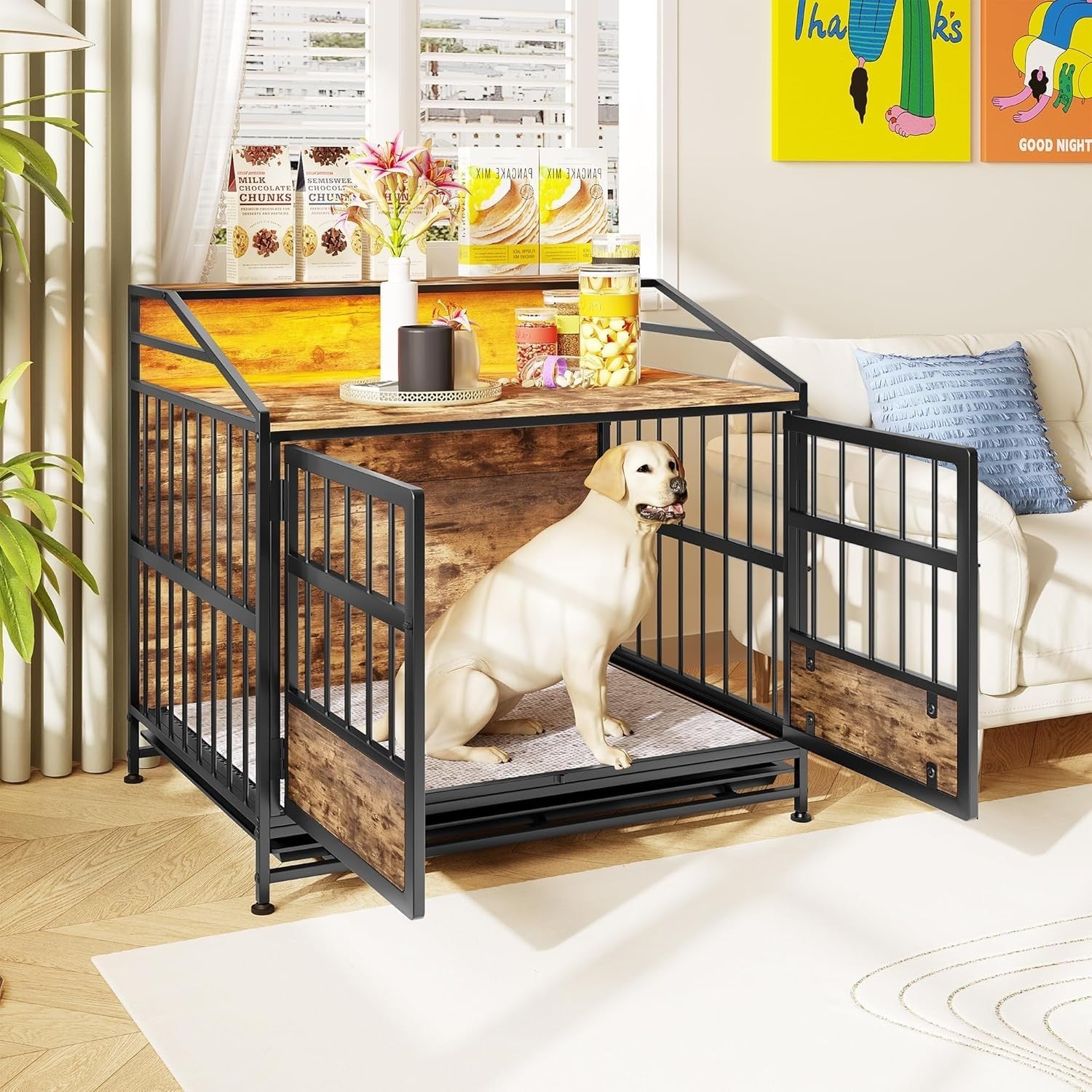 Heavy Duty Dog Crate Furniture with LED Light & Removable Tray, Medium