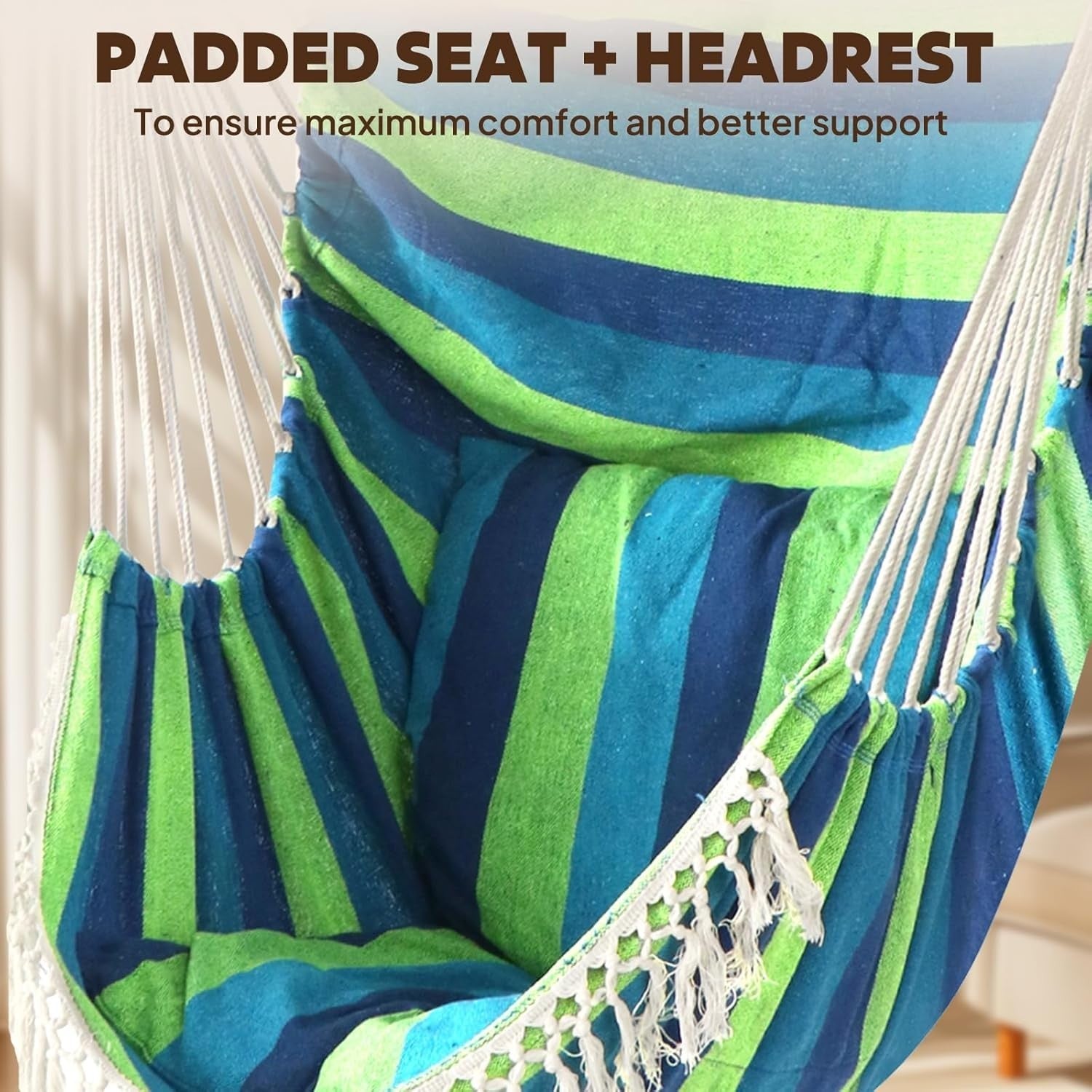 Blue Green Hammock Chair with Cushions & Straps | 500lbs Indoor Outdoor Swing