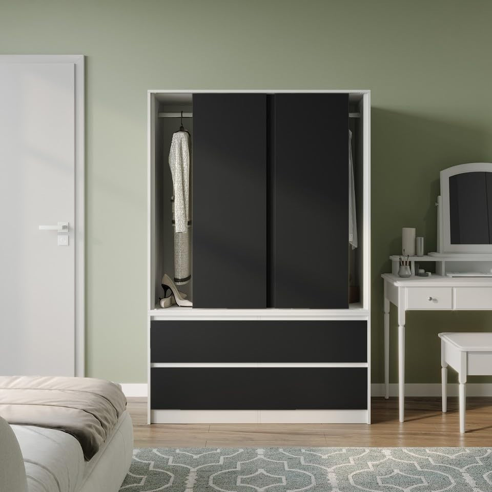 Black Sliding Door Wardrobe with 4 Drawers Hanging Rail Storage Unit