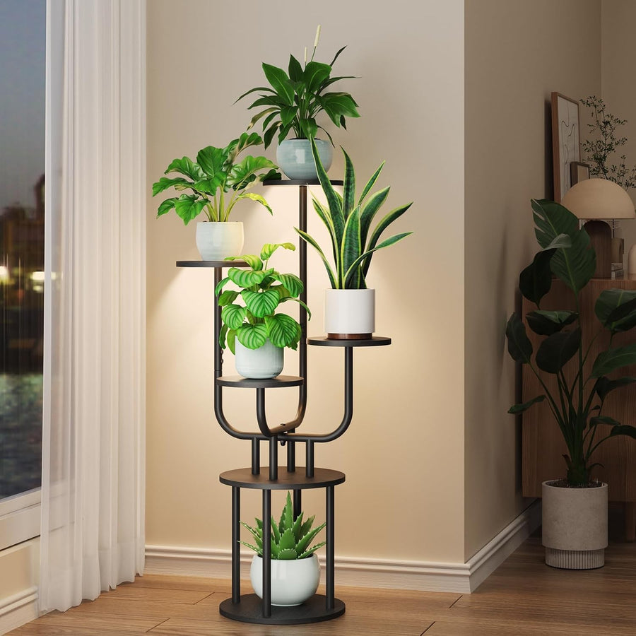 6 Tier Tall Metal Wood Plant Stand Indoor Corner Shelf Rack with Grow Light