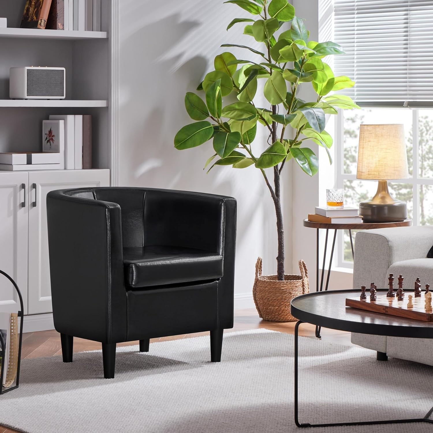 Black PU Leather Tub Chair Modern Accent Armchair