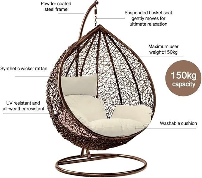 Hanging Rattan Egg Chair Swing Seat with Cushions & Stand – Indoor Outdoor