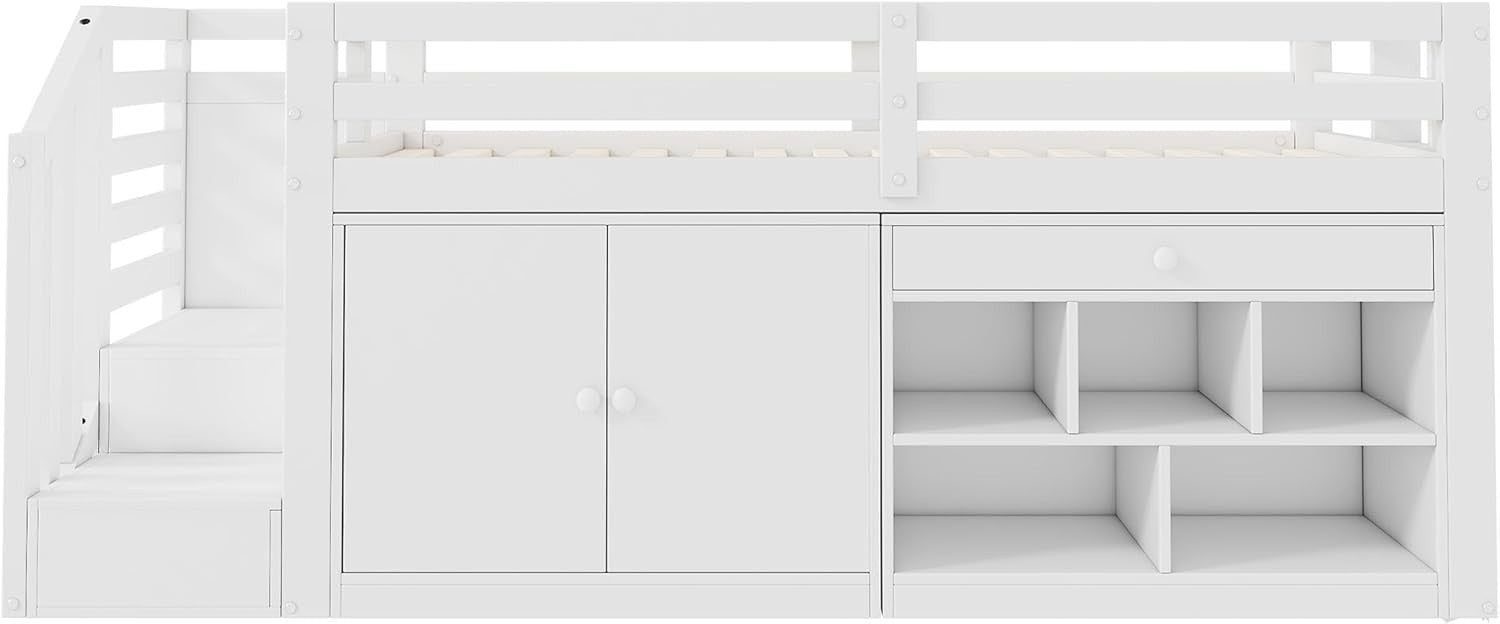Midsleeper Kids Bed with Storage Drawers, Desk & Stairs, White 90x190cm Wood Fra