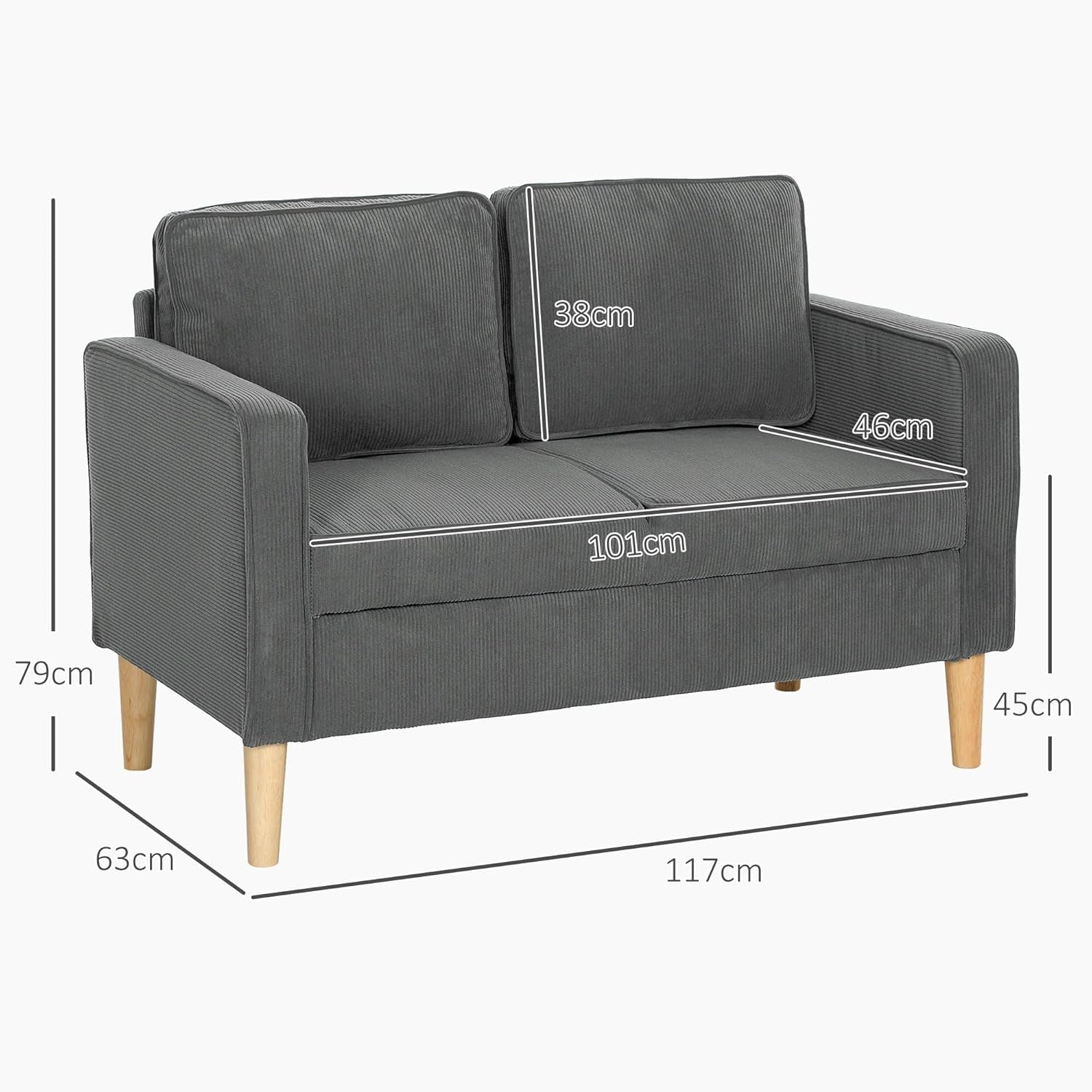 2 Seater Sofa with Storage Grey – Small Space Couch with Wood Legs