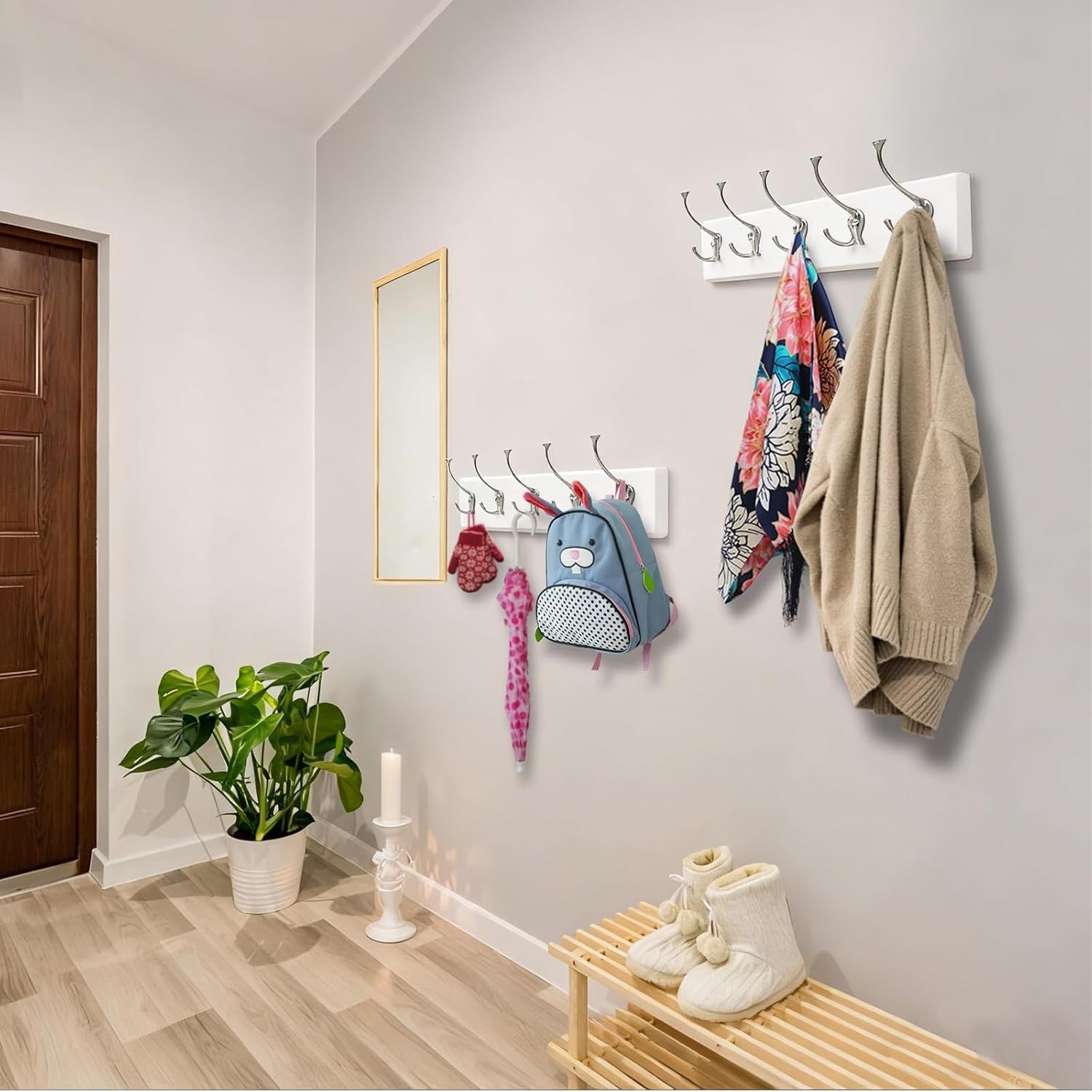 2 Pack White Wall Mounted Coat Rack 5 Hooks Wooden Hanging Rail Organizer