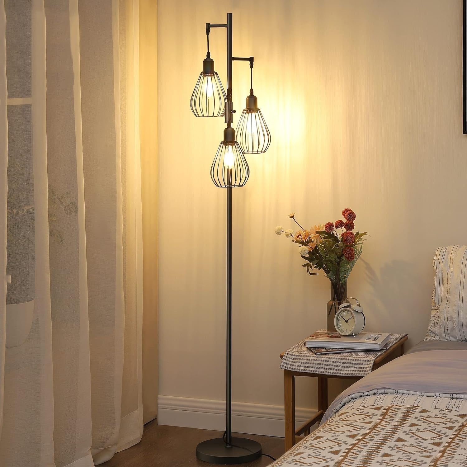 Industrial Floor Lamp with Wire Cage Shades, Dimmable, 3 LED Bulbs Included