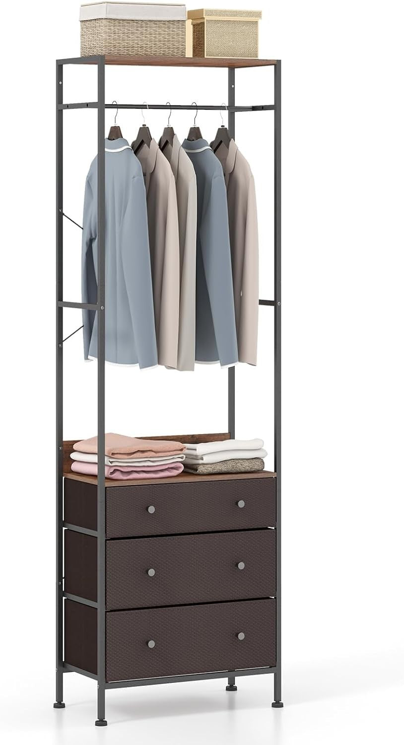 Clothes Rail with 3 Drawers 3-Level Hanging Shelf Brown
