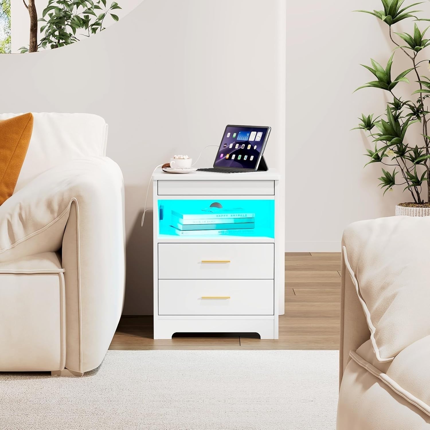 White LED Bedside Table with USB Charging Ports, Lockable Drawers & RGB Lights