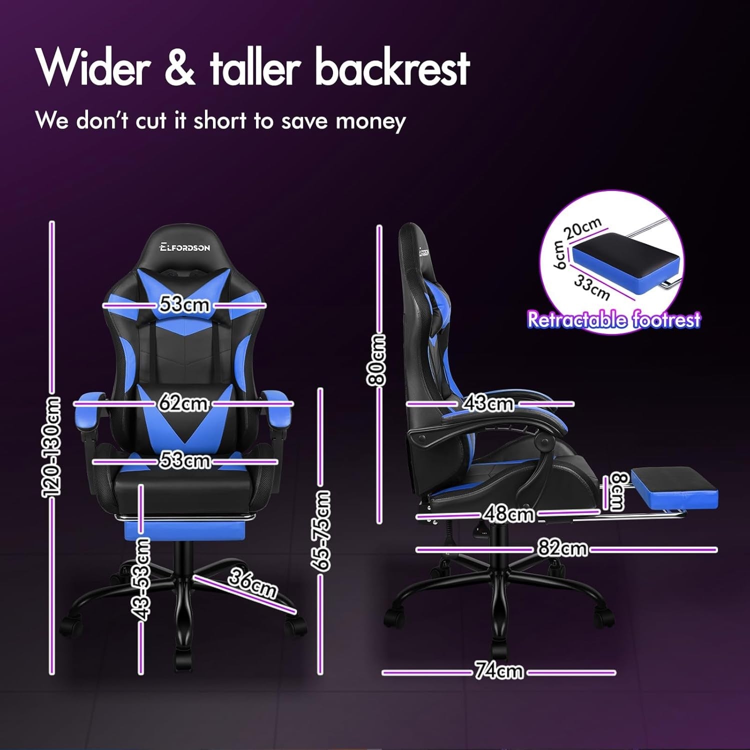 LED Gaming Chair Blue RGB Massage Recliner w/ Footrest 150° Swivel