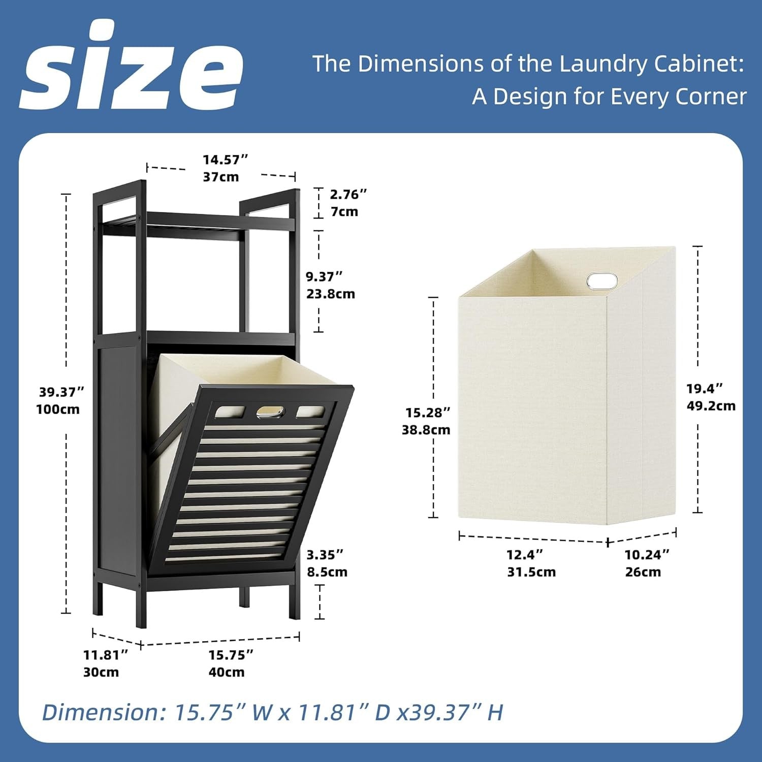 Black Tilt Out Laundry Hamper Cabinet Bamboo 32L Basket with Storage Shelves