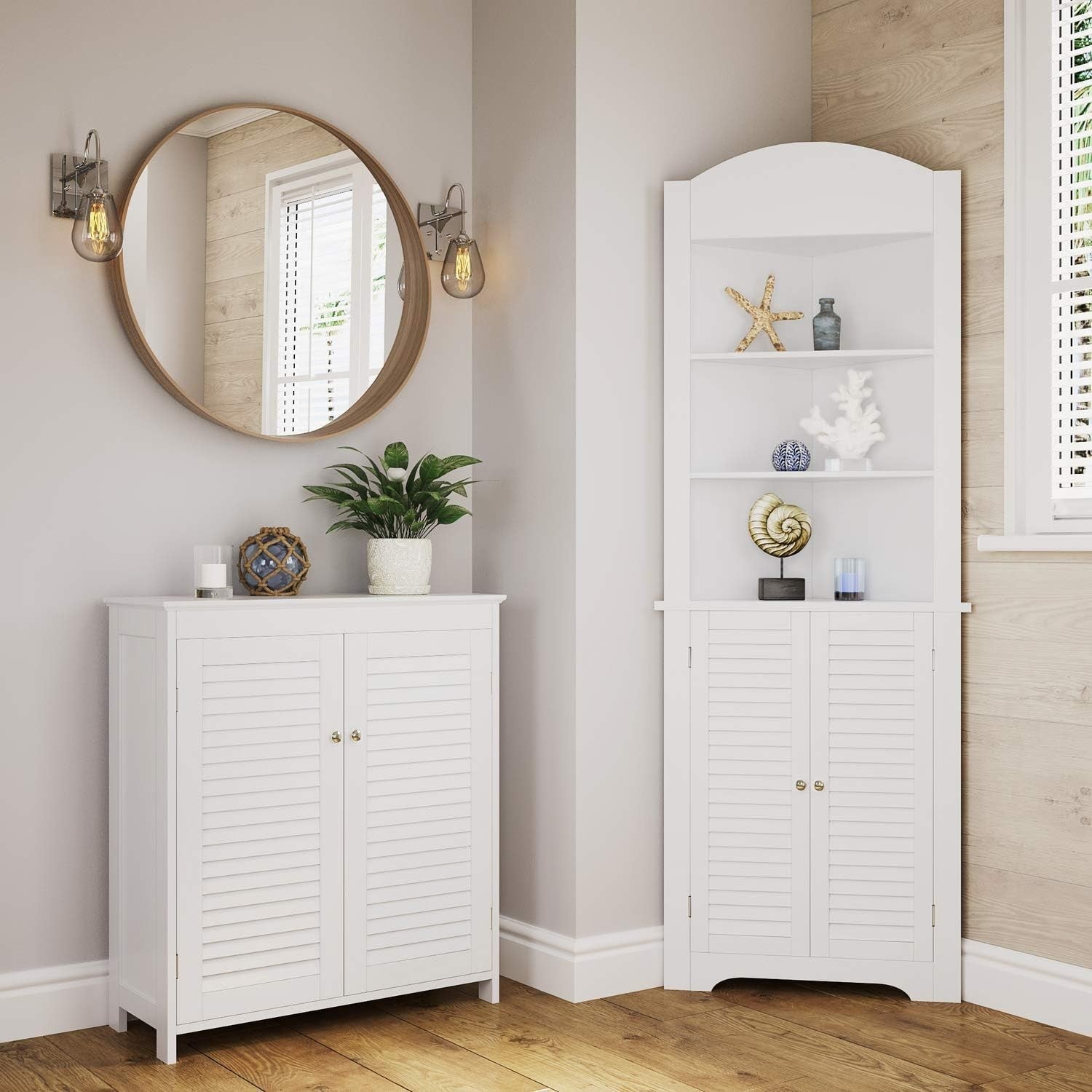Two-Door Bathroom Floor Cabinet with Adjustable Shelves, Anti-Tip, White