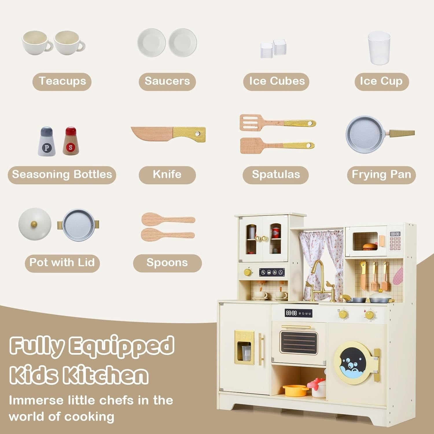 Wooden Kids Play Kitchen Coffee Maker Ice Dispenser Beige Toy