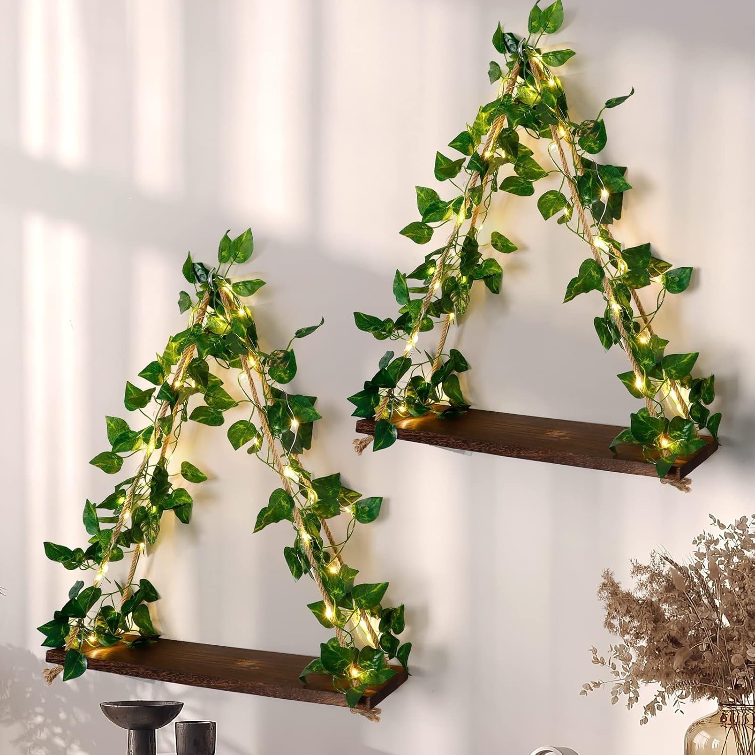 Boho Macrame Hanging Shelves LED Rustic Wood Wall Decor