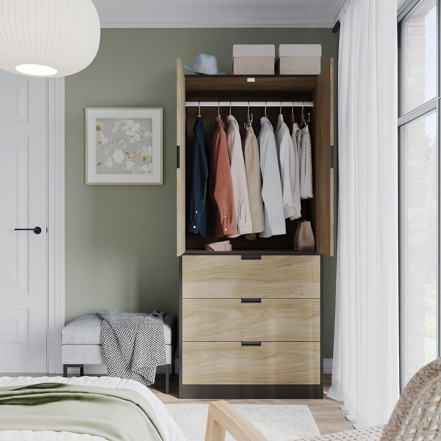 Oak 2 Door Wardrobe with Drawers & Hanging Rail Modern Storage Unit